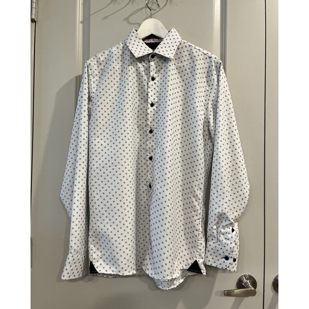 Silver Stone Slim Fit White/Blue Polka Dot Cotton Dress Shirt Large A1